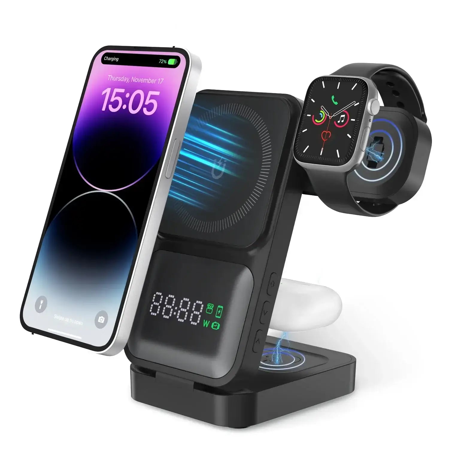 NevoMart wireless charging station for phone and smartwatch, stylish, durable, multi-device charger.