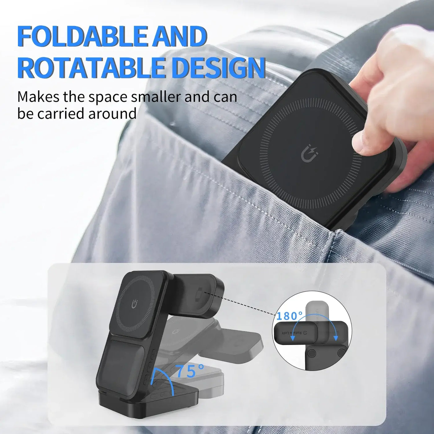 NevoMart Folding 3-in-1 15W Wireless Magnetic Charger with Clock and Power Display for Phones, Smartwatch, and Earbuds