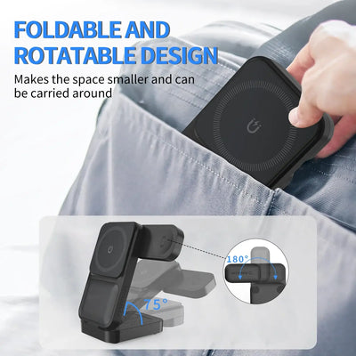 NevoMart Folding 3-in-1 15W Wireless Magnetic Charger with Clock and Power Display for Phones, Smartwatch, and Earbuds