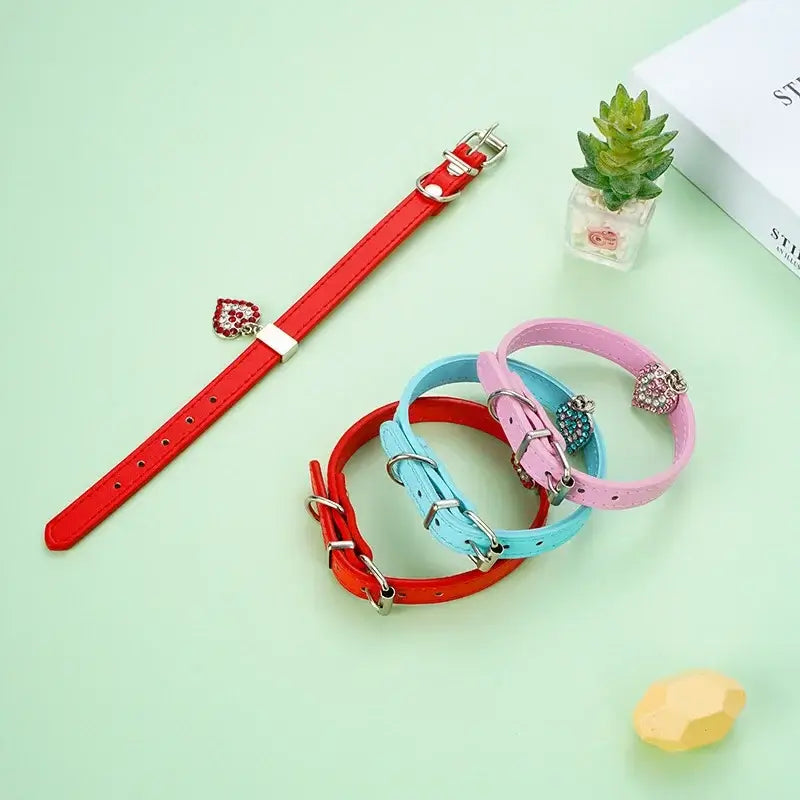 NevoMart Pink Crystal Leather Collar for Dogs & Cats
