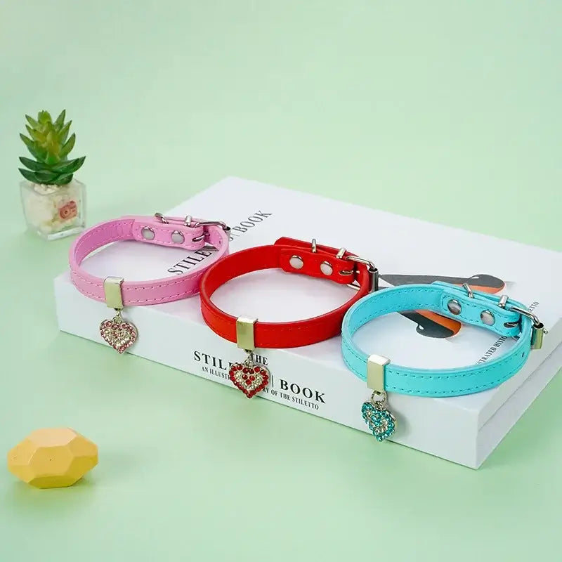 NevoMart Pink Crystal Leather Collar for Dogs & Cats