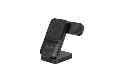 NevoMart Folding 3-in-1 15W Wireless Magnetic Charger with Clock and Power Display for Phones, Smartwatch, and Earbuds