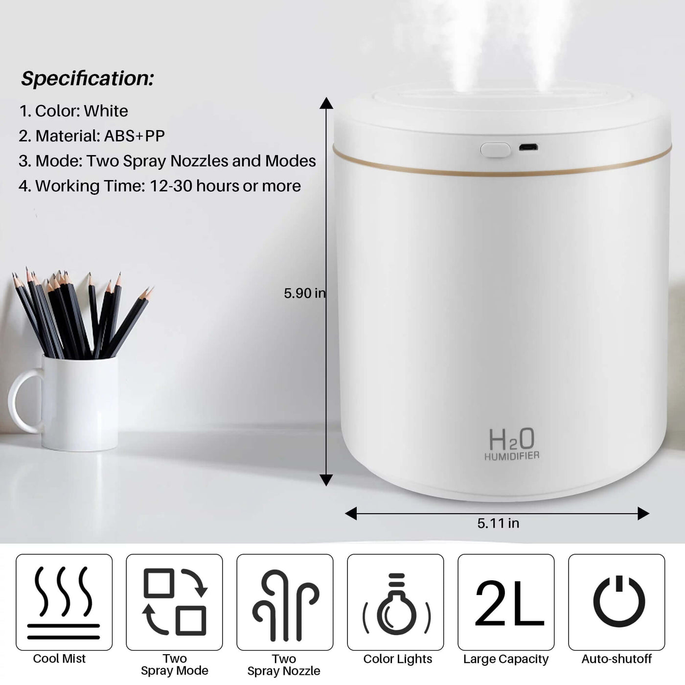 NevoMart 2L Ultrasonic Cool Mist Humidifier White